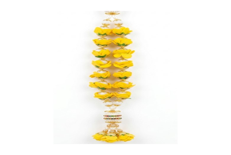 Decorative Yellow Mahamart Rose Mala with Kundan-Style Bead Pendant